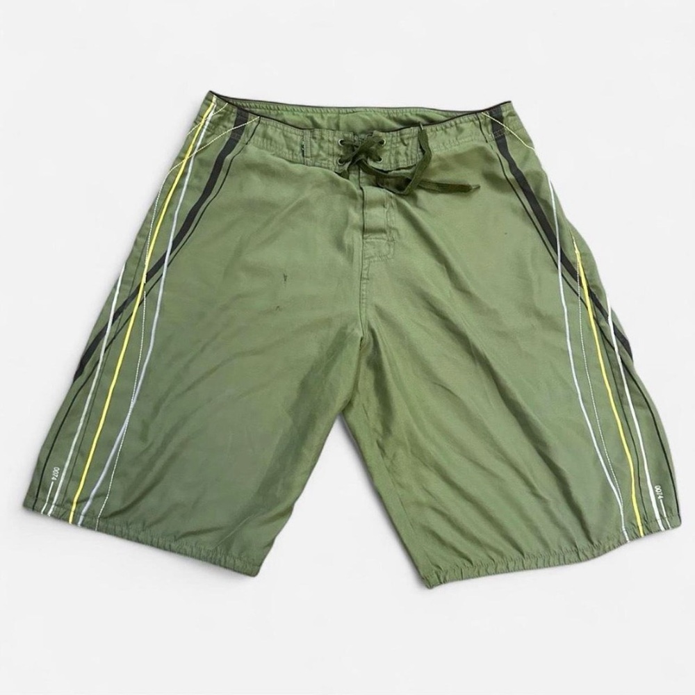 Micros Mens Olive Green Board Shorts with Yellow & White Side Stripes